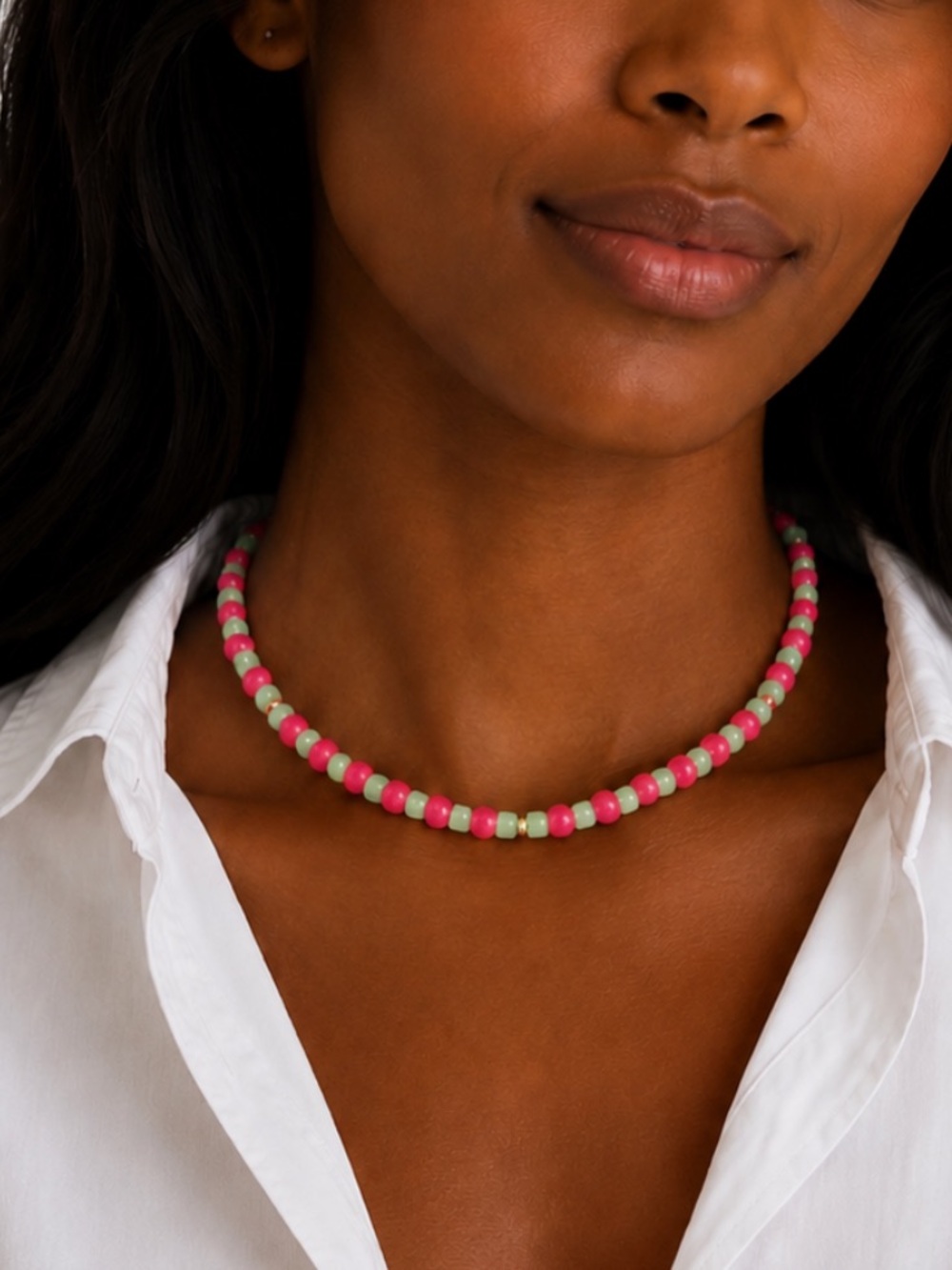 New! Preppy Colorful Pink Green Crystal Beaded Dopamine Necklace NWOT 4007